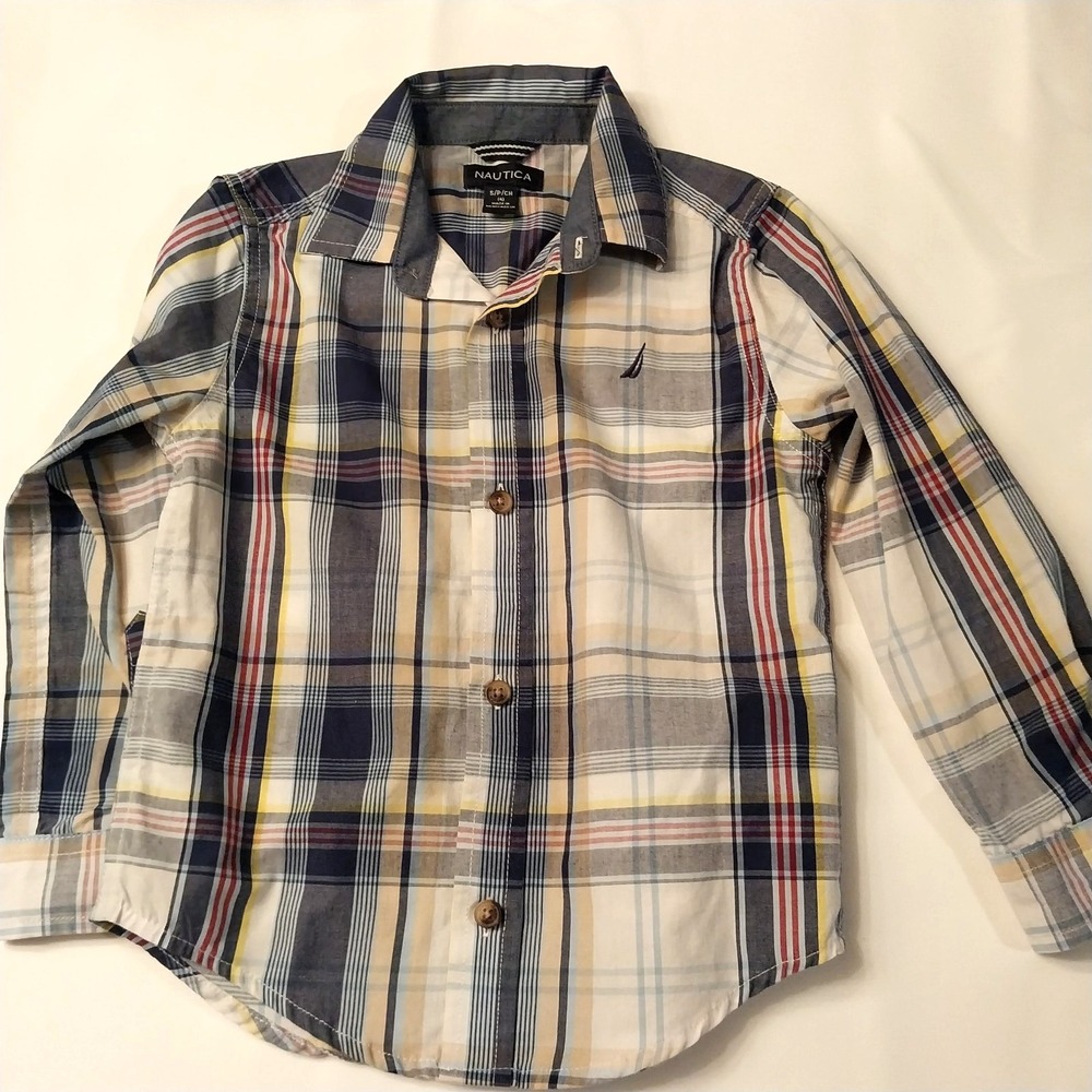 Nautica‎ Dress Shirt Boys 4T White Embroidered Logo / Long Sleeve Plaid